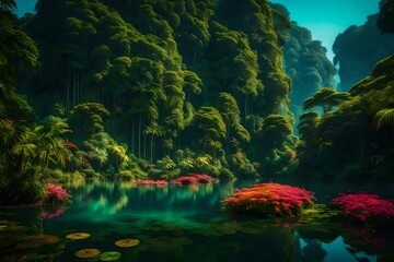 The lush and vibrant jungle is filled with towering trees, colorful flowers, soothing sounds of chirping birds, and rustling leaves swimming in the lake - AI Generative