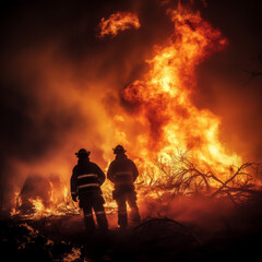 Silhouette of firemen fighting a fire