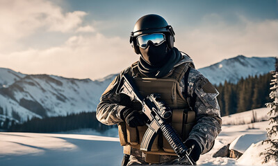 A rifleman wearing camouflage uniform and mask in a snow landscape. Portrait of a soldier in action.