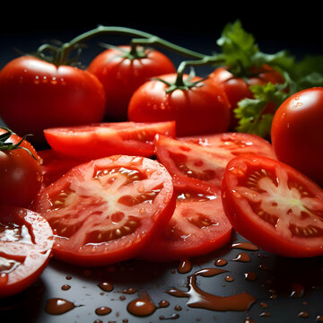 Freshly cut tomatoes. A stylish photo. High resolution. Ai generative