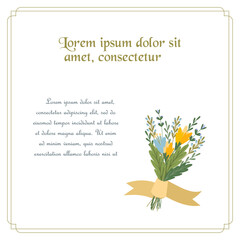 Decorative classic template in vintage style greeting card, frame and bouquet of flowers. Vector illustration.