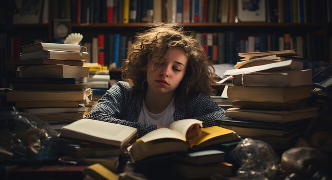 girl  tired of study, Academic Burnout, Exhausted from Study and Work, Exam stress, studying and student reading, classroom learning and headache from education.