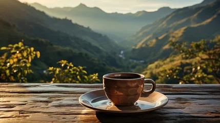 Poster Coffee cup placed in hand against beautiful cool valley landscape background © MBRAMO