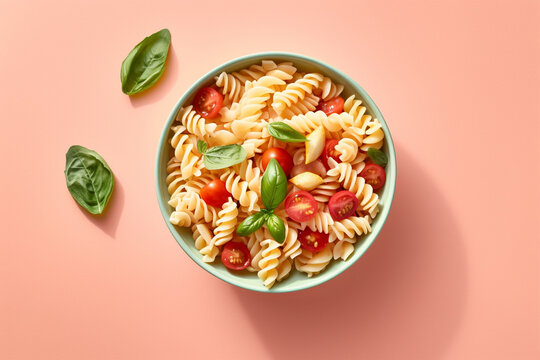 Top View Of Vegetarian Pasta Bowl With Fusilli, Tomato And Basil On Pink Background