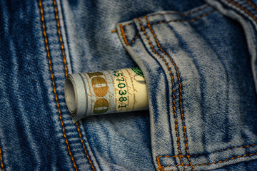 100 dollar pocket money, in jeans pocket, 100 dollar bills 2