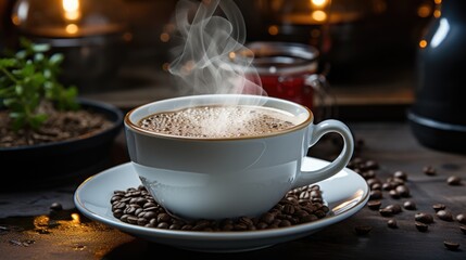 coffee in a small pot on a heater and a white cup, with hot steam on a wooden table background