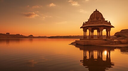 Dawn at an ancient temple in Jaisalmer, Rajasthan, India's Gadi Sagar (Gadisar) Lake