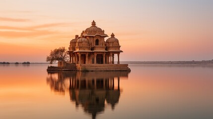 Dawn at an ancient temple in Jaisalmer, Rajasthan, India's Gadi Sagar (Gadisar) Lake