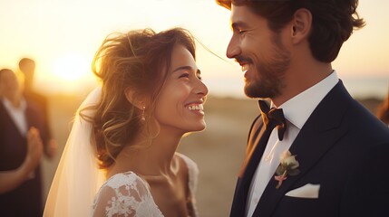 Lovely Bride and Groom at a Sunset Outdoor Wedding Ceremony on an Ocean Beach.