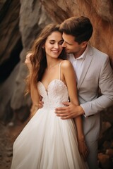 On a stone background, a lovely newlywed couple smiles and kisses.