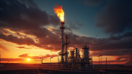 a landscape of industry. On a sky at sunset, a gas torch is seen. field of oil.