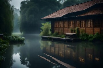 Obraz premium A rain house near a water canal at the time of morning. AI Generative
