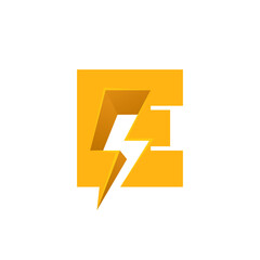 E letter logo with negative space lightning. Flash vector monogram. Electric bolt icon. Perfect type for energy labels, superhero t-shirt print, rock music posters, delivery art, electromobile adv.