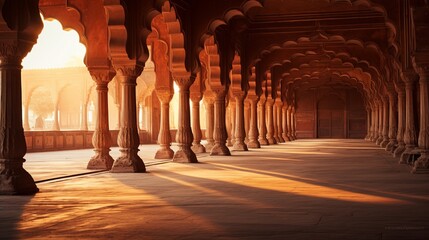 India at sunset, inside the Red Fort in Delhi