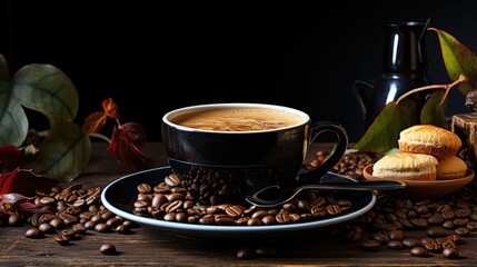 Fototapeta premium cup of coffee and coffee beans on wooden table on darker background, top view