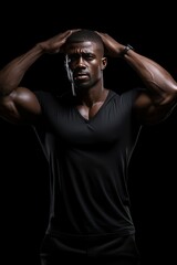 Strong African American man against a dark background, standing with hands behind head and exposing bare chest while turning away.