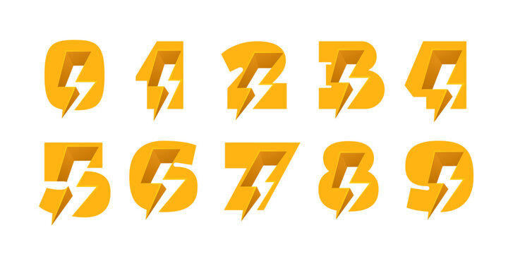 0 to 9 logos. Numbers set with negative space lightning. Flash vector monogram. Electric bolt icon. Perfect type for energy labels, superhero print, rock music posters, delivery art, electromobile adv