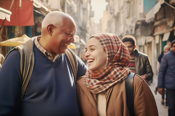 Two happy immigrants on the street of Europe or America, father and daughter