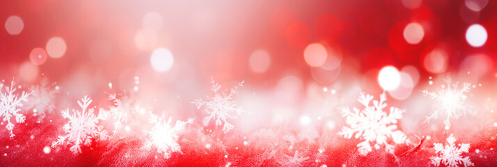 Defocused Christmas background with snowflakes and bokeh lights - panoramic banner. 