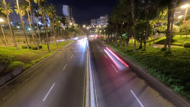 Night time lapse of traffic on a highway in Lima, Peru