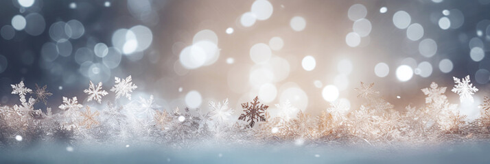 Fototapeta na wymiar Defocused Christmas background with snowflakes and bokeh lights, panoramic banner. 