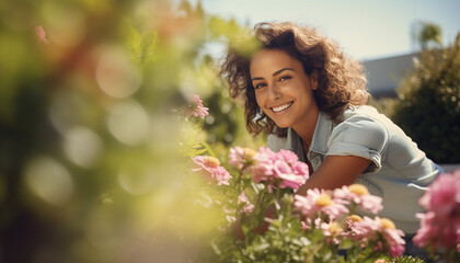 Naklejka premium Woman in the field of flowers, pink roses, created with ai generative technology