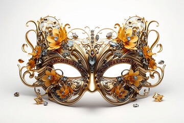 Golden carnival mask with rhinestones and flowers on white background.