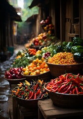 Market alley with baskets of fruits and vegetables created by Generative AI
