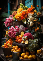 Market stall with fruits and flowers created by Generative AI