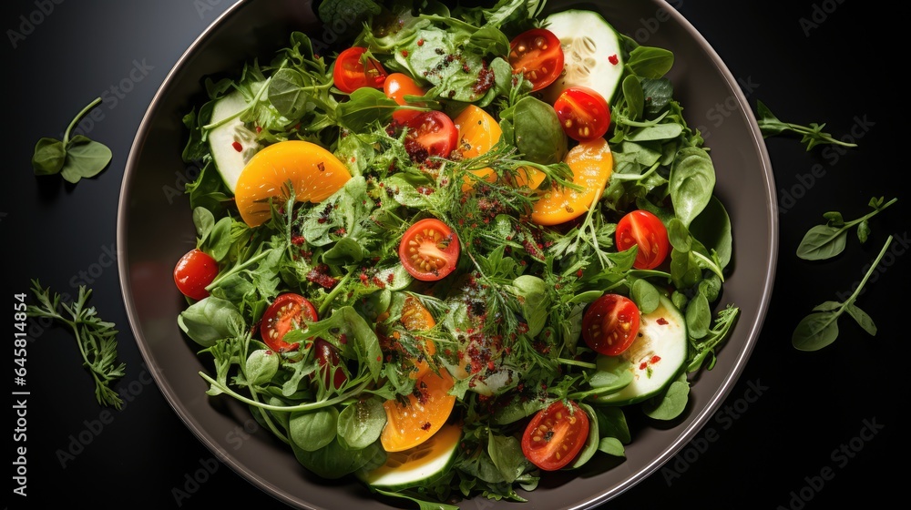 Wall mural Fresh healthy vegetable salad, spinach, lettuce, tomatoes and carrots, on a white plate, top view