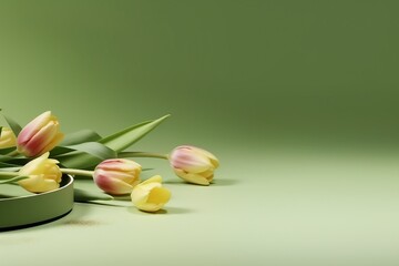 display podium green background with yellow tulip flower and petal. Nature Blossom minimal pedestal for beauty, cosmetic product presentation. Summer and spring mockup.  generative ai.