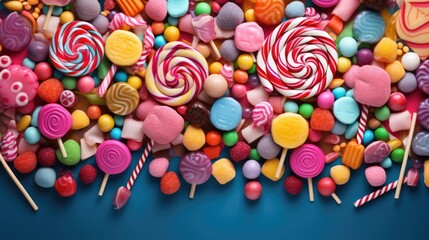 Fototapeta na wymiar Various tasty sweets, colourful lollipops and candies background with free space for text