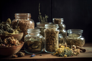 Dried medicinal herbs on wooden table 