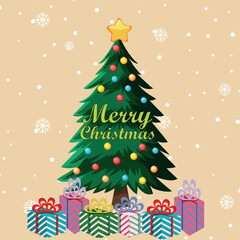 Christmas tree on vintage background in trendy retro cartoon style. Cartoon characters and elements.