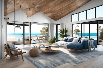Modern Australian beach house interior with nautical elements. - obrazy, fototapety, plakaty
