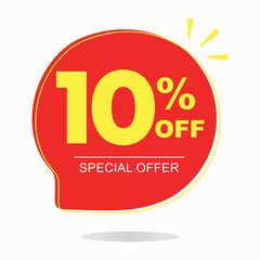 10% off. Tag, sticker, special offer. Red and yellow balloon. Advertising for sales, promo, discount, shop. Poster ten percent off price, value. Vector, symbol, icon