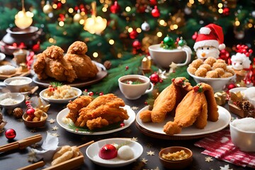 A Japanese Christmas cake and fried chicken on a festive table.