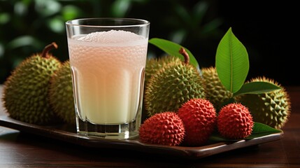 Glass of lychee juice and sliced lychee fruits isolated on darker background