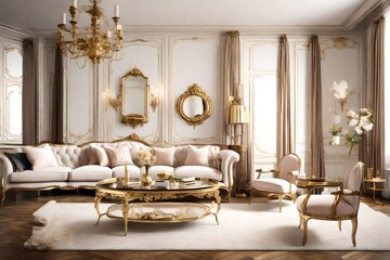 Fototapeta na wymiar Parisian chic living room with gold accents and vintage furniture.