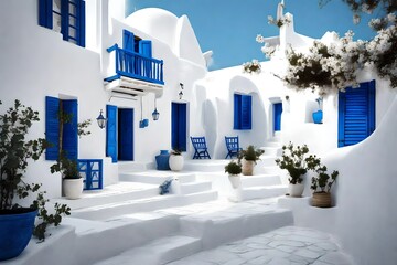 Greek island home with white-washed walls and blue accents.