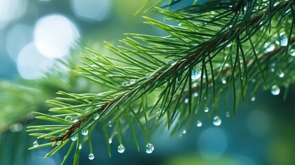 Fototapeta na wymiar Close-up of a spruce branch with drops after rain. Natural background. The concept of awakening and purity of nature. Illustration for cover, postcard, postcard, banner, poster, brochure, presentation