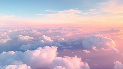 Beautiful sunset above the clouds. Aerial view. Nature background of sky. Cloudy landscape from the window of an airplane. Sunrise. Sun goes into the clouds. Illustration for varied design. - obrazy, fototapety, plakaty