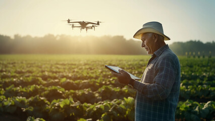 Elderly farmer uses an agricultural drone to survey his field, representing smart agriculture, technological farming, leadership and initiative in adoption to innovative agrarian practices - obrazy, fototapety, plakaty