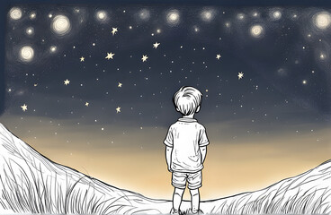 Young boy looking at starry night sky. Generative AI