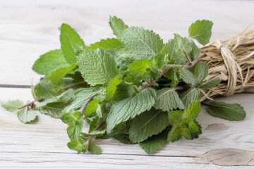lemon balm herb, Dried medicinal herbs on white wooden background