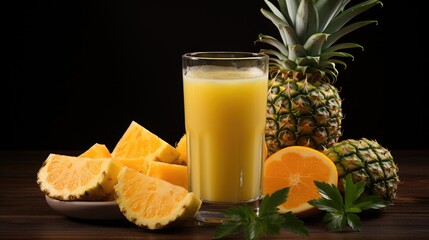 Glass of pineapple  juice and sliced fruits isolated on darker background