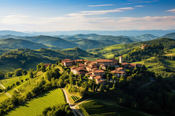 Fototapeta na wymiar Enchanting Aerial Portrait: Serene Countryside Village Amidst Rolling Hills, Charming Streets, and Historic Architecture