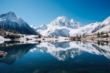 Fototapeta na wymiar Nature's Serene Majesty: Tranquil Snow-Capped Peaks Embracing Crystal Clear Waters, Captivating Aerial Landscape Photography