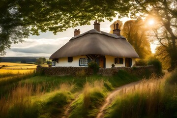 Fototapeta na wymiar Picture a peaceful countryside scene, complete with a quaint cottage-style house. AI Generative