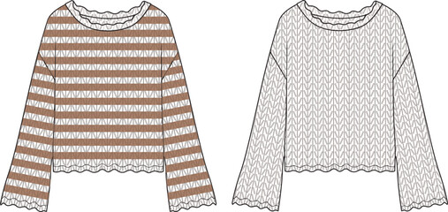 Women's Striped Crochet Jumper and Solid Crochet Jumper- Jumper technical fashion illustration. Flat apparel top template front, colored and white color. Women's CAD mock-up.